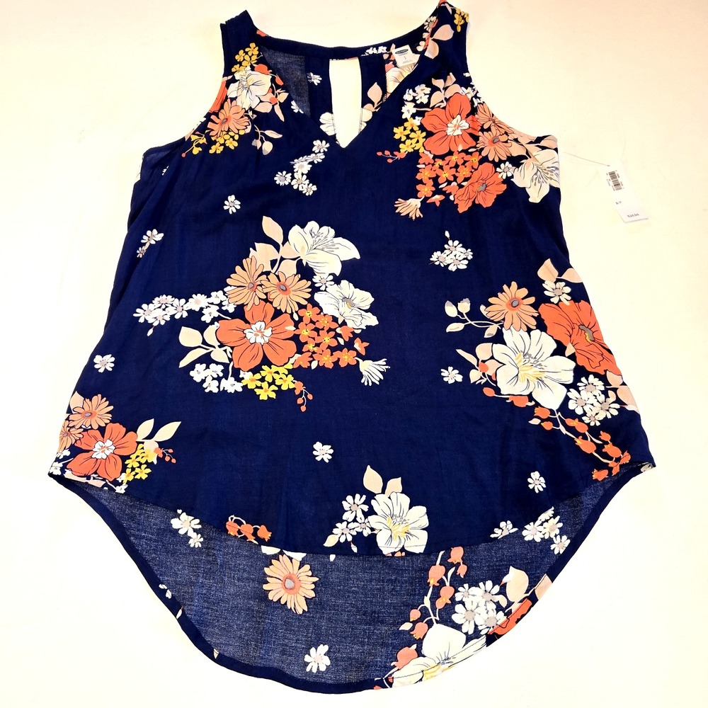 Old Navy Blue Floral Lightweight V-Neck‎ Keyhole Back Tank Top Size Small